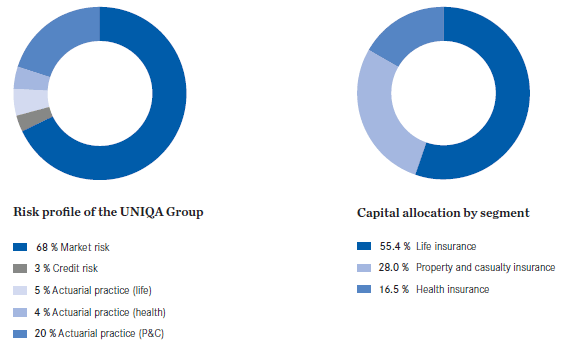 Risk profile of the UNIQA Group – Capital allocation by segment (pie charts)