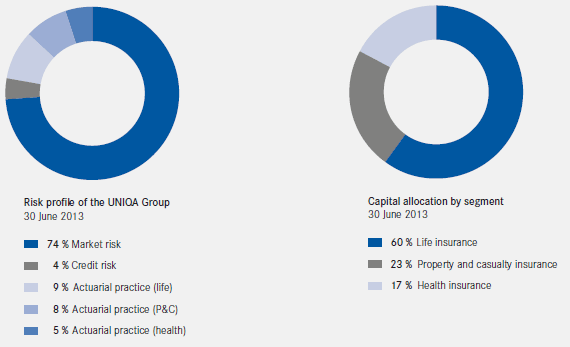 Risk profile of the UNIQA Group – Capital allocation by segment (pie charts)