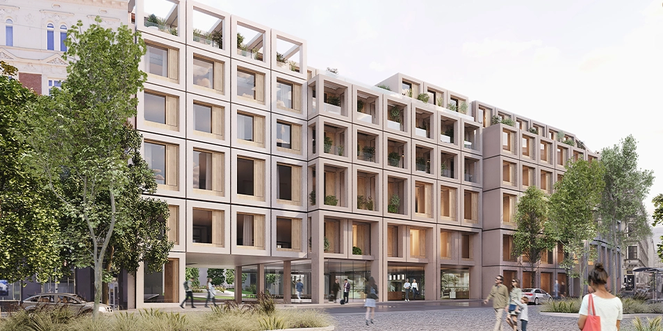 Rendering of the planned new building of the Confraternität and Goldenes Kreuz private hospitals in Skodagasse, Vienna.
